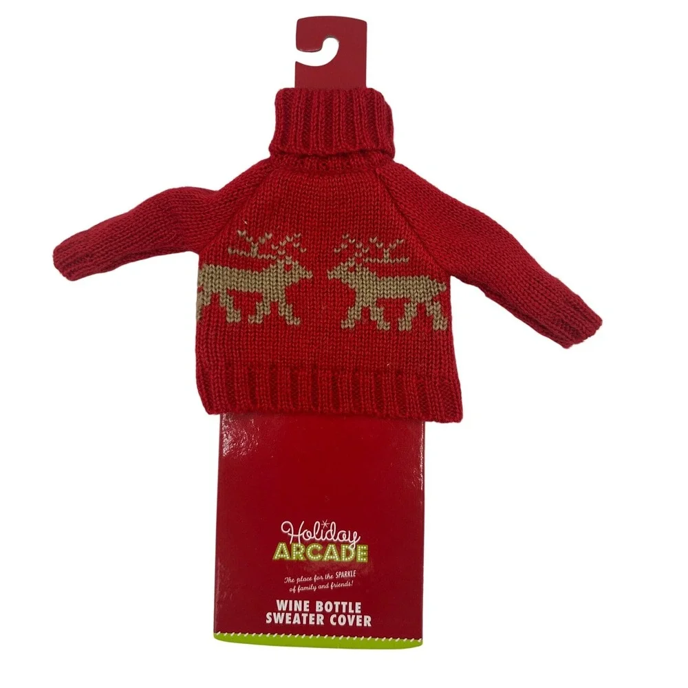 Holiday Arcade Wine Bottle Sweater Cover OS Red‎ NEW Reindeer Christmas Decor
